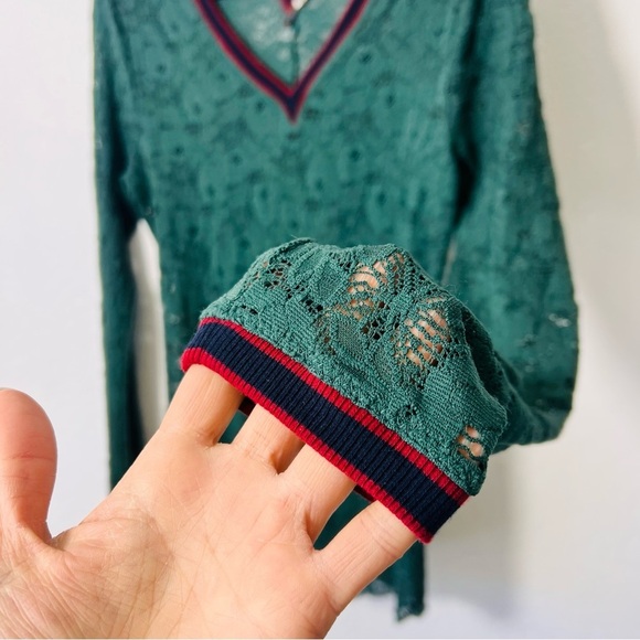 Free People Dark Green Cami Stretch Lace V-Neck Top Sheer Large - Picture 6 of 8